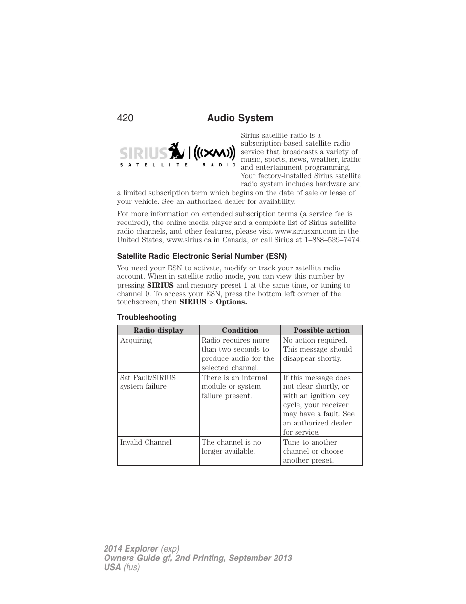 Satellite radio electronic serial number (esn), Troubleshooting, 420 audio system | FORD 2014 Explorer v.2 User Manual | Page 422 / 593