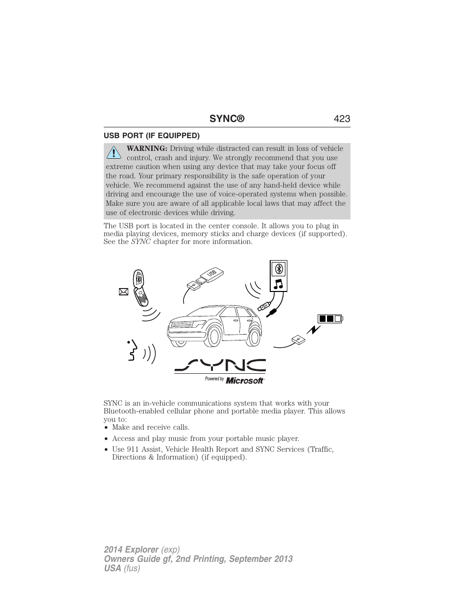 Usb port (if equipped), Sync, Usb port | Sync® 423 | FORD 2014 Explorer v.2 User Manual | Page 425 / 593