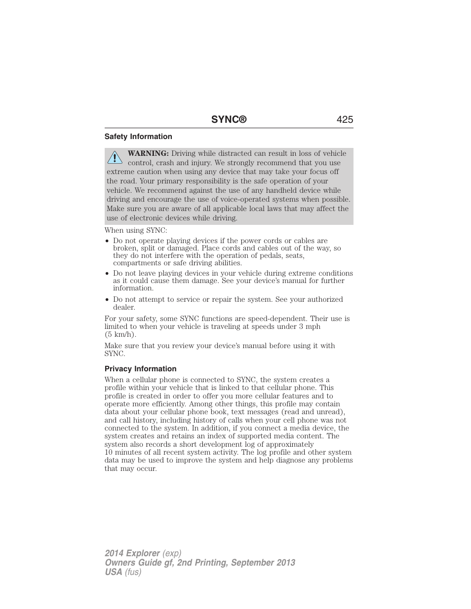 Safety information, Privacy information, Sync® 425 | FORD 2014 Explorer v.2 User Manual | Page 427 / 593