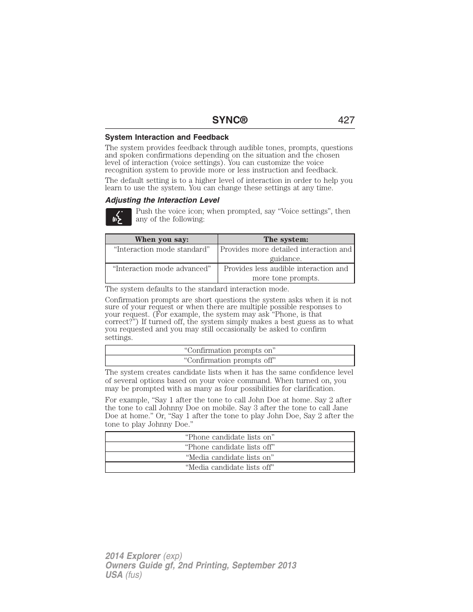 System interaction and feedback, Adjusting the interaction level, Sync® 427 | FORD 2014 Explorer v.2 User Manual | Page 429 / 593