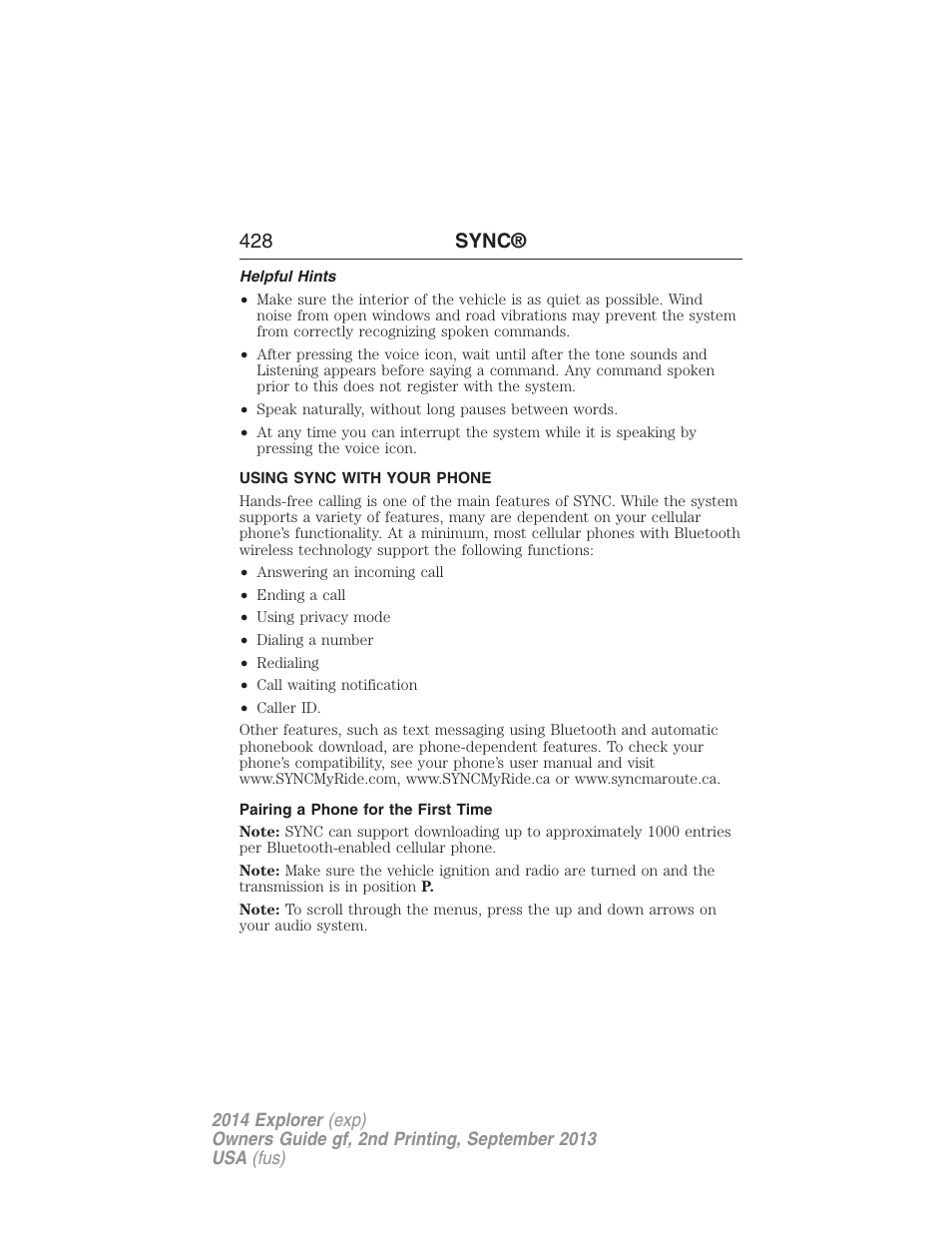 Helpful hints, Using sync with your phone, Pairing a phone for the first time | Pairing your phone for the first time, 428 sync | FORD 2014 Explorer v.2 User Manual | Page 430 / 593