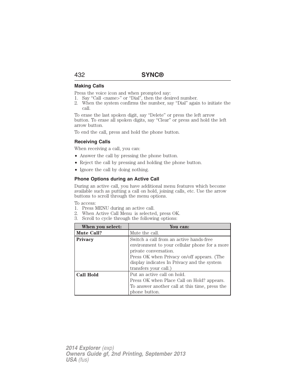 Making calls, Receiving calls, Phone options during an active call | 432 sync | FORD 2014 Explorer v.2 User Manual | Page 434 / 593