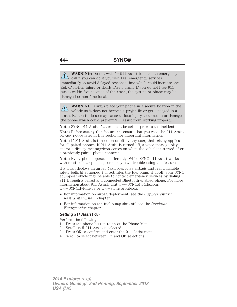 Setting 911 assist on, 444 sync | FORD 2014 Explorer v.2 User Manual | Page 446 / 593