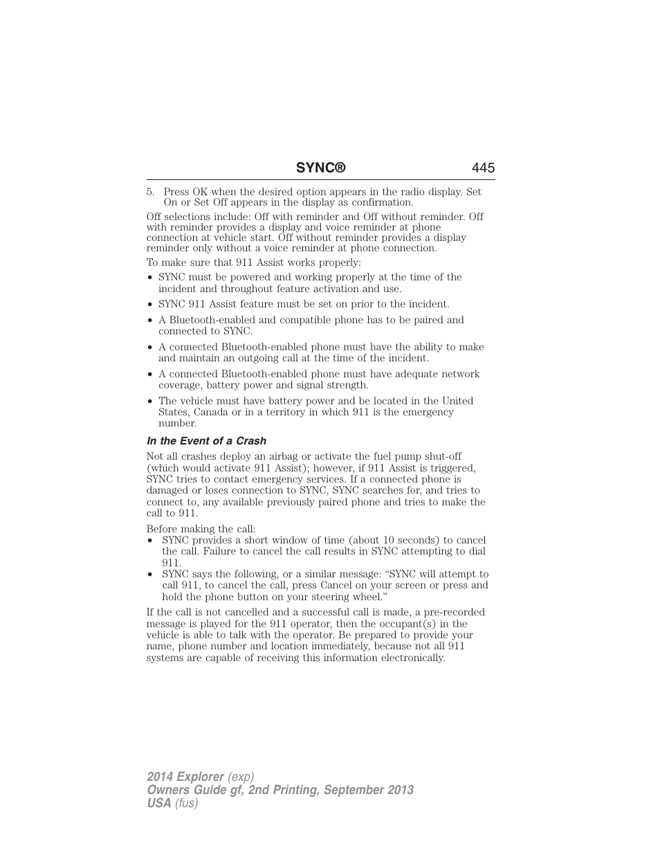 In the event of a crash, Sync® 445 | FORD 2014 Explorer v.2 User Manual | Page 447 / 593