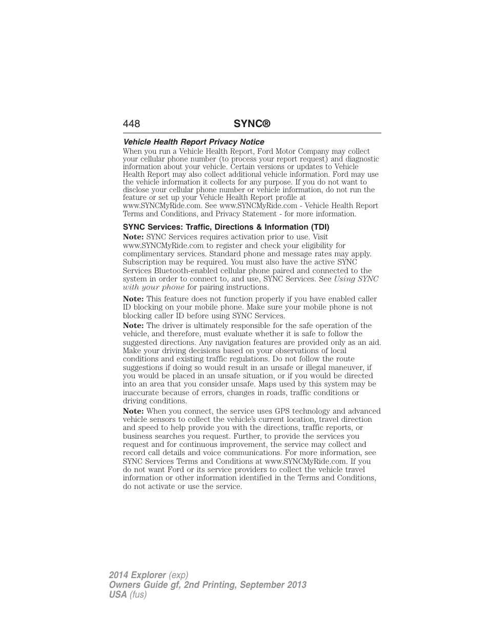 Vehicle health report privacy notice | FORD 2014 Explorer v.2 User Manual | Page 450 / 593