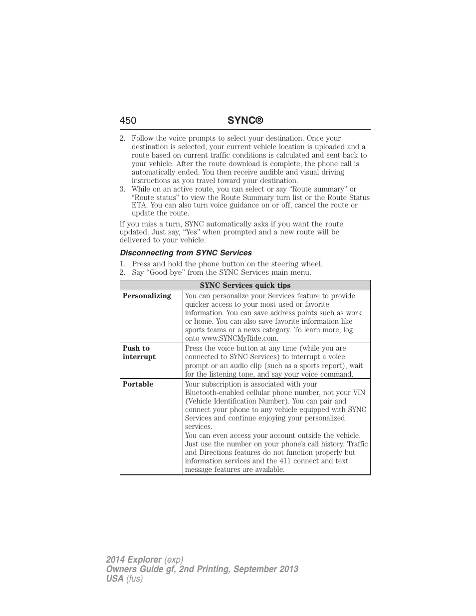 Disconnecting from sync services, 450 sync | FORD 2014 Explorer v.2 User Manual | Page 452 / 593