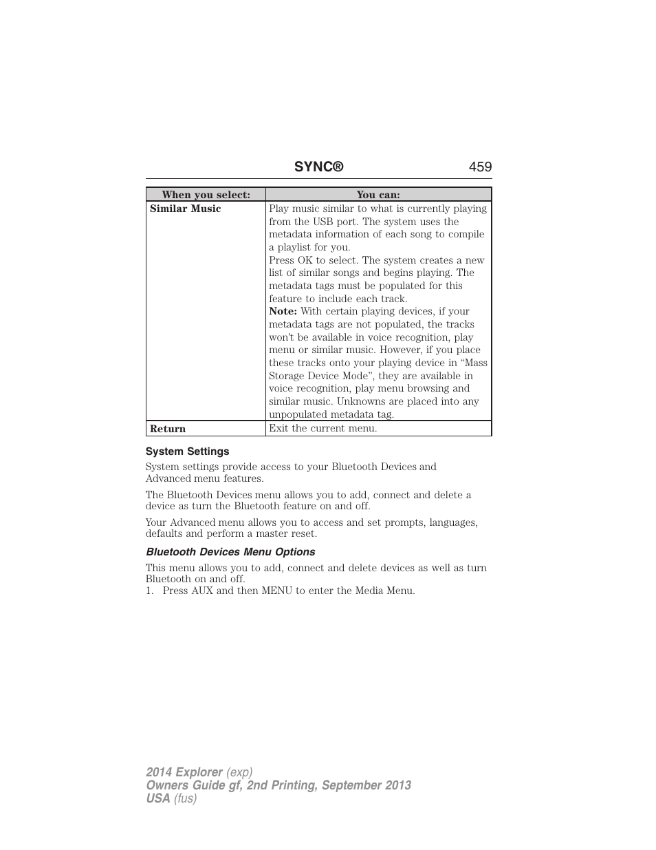 System settings, Bluetooth devices menu options, Sync® 459 | FORD 2014 Explorer v.2 User Manual | Page 461 / 593