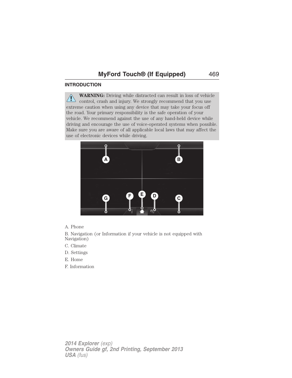 Myford touch® (if equipped), Introduction, Myford touch® (if equipped) 469 | FORD 2014 Explorer v.2 User Manual | Page 471 / 593