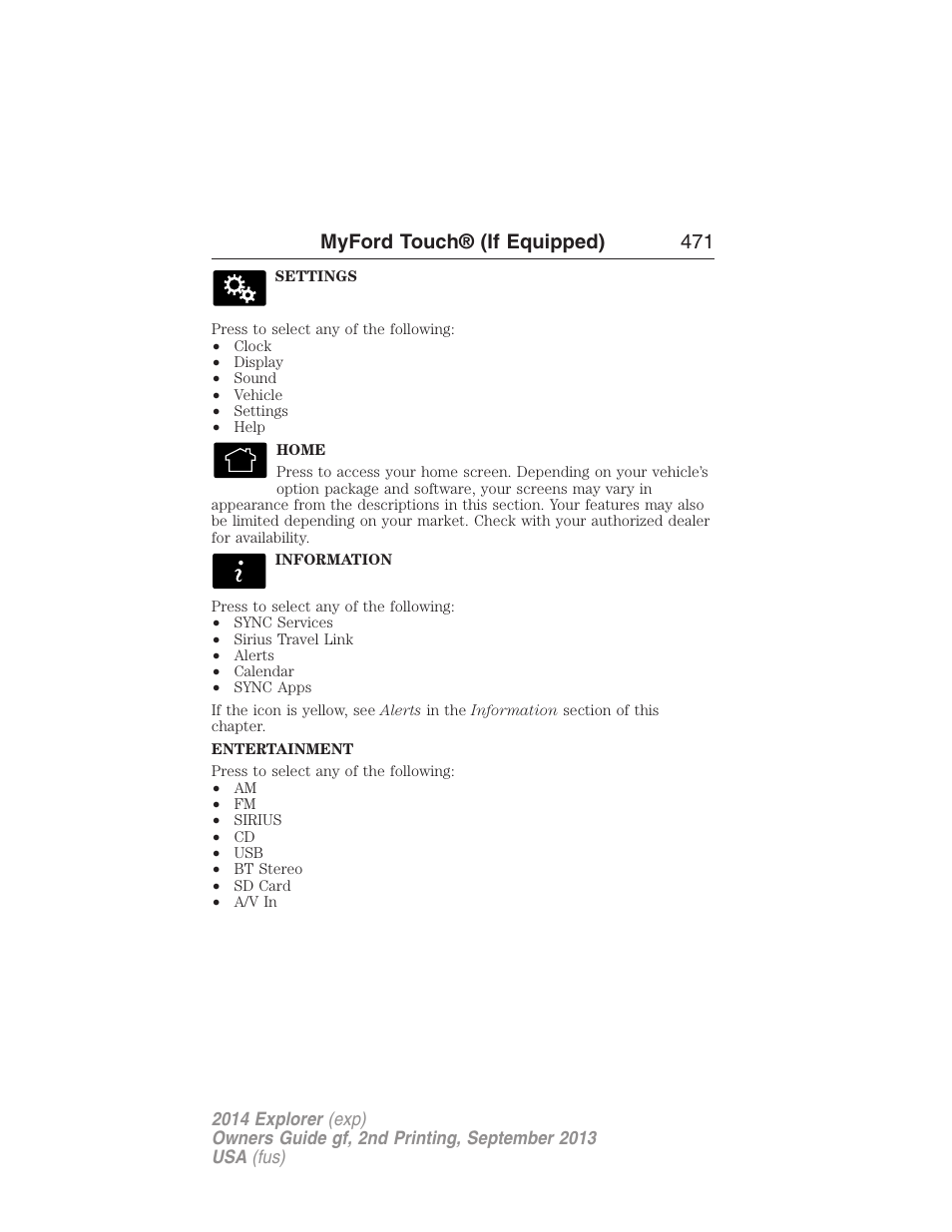 Myford touch® (if equipped) 471 | FORD 2014 Explorer v.2 User Manual | Page 473 / 593