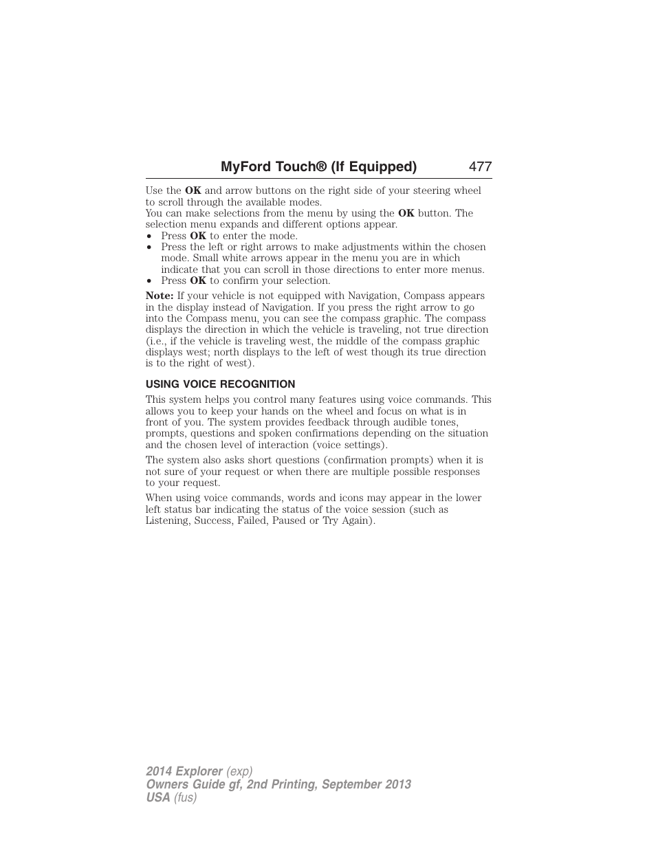 Using voice recognition, Voice recognition, Myford touch® (if equipped) 477 | FORD 2014 Explorer v.2 User Manual | Page 479 / 593