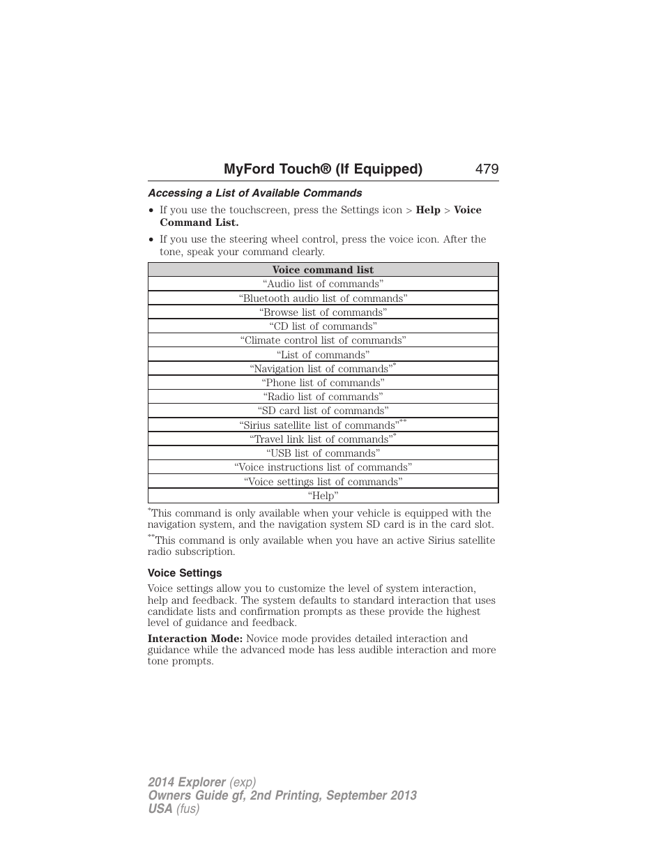 Accessing a list of available commands, Voice settings, Myford touch® (if equipped) 479 | FORD 2014 Explorer v.2 User Manual | Page 481 / 593