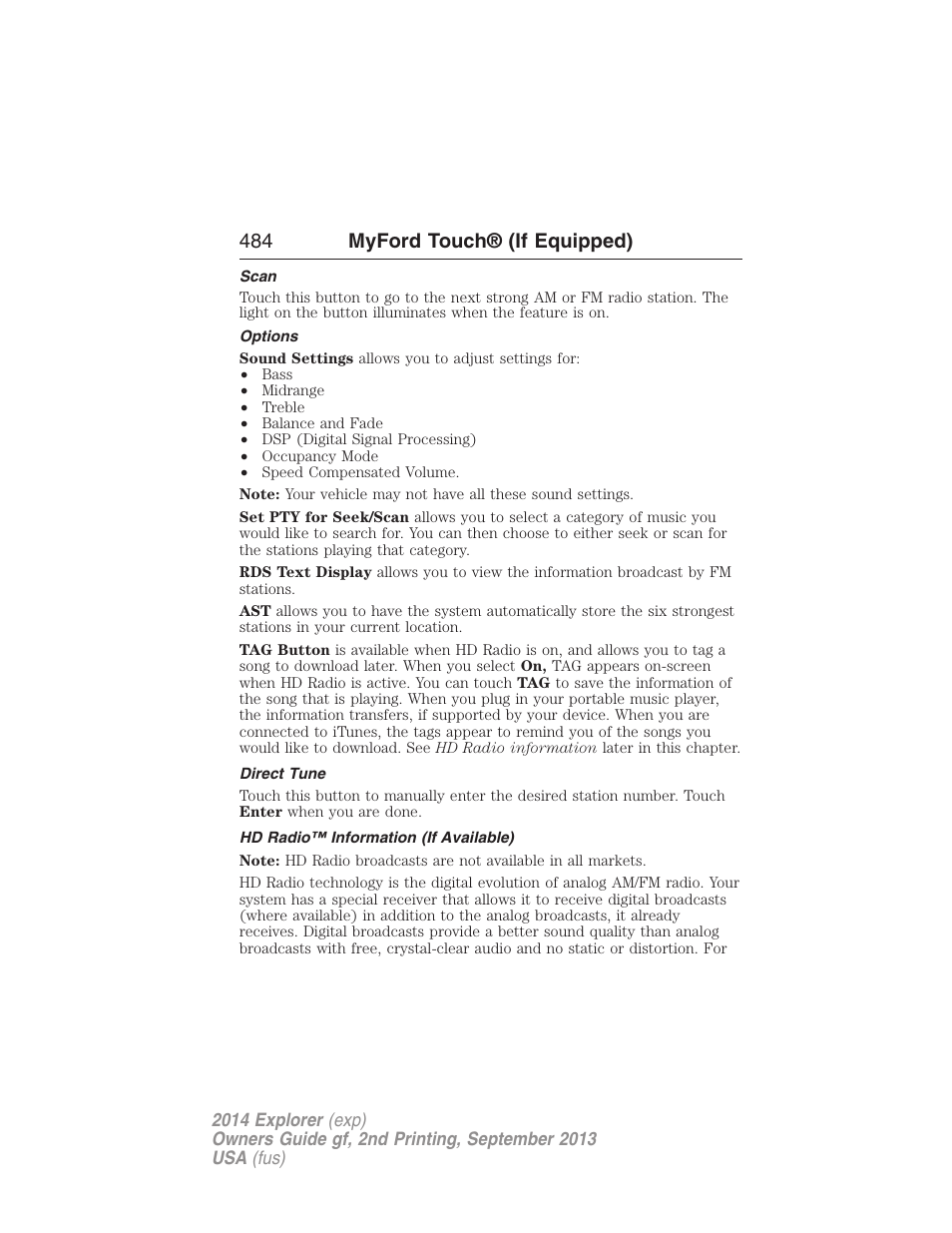 Scan, Options, Direct tune | Hd radio™ information (if available), 484 myford touch® (if equipped) | FORD 2014 Explorer v.2 User Manual | Page 486 / 593