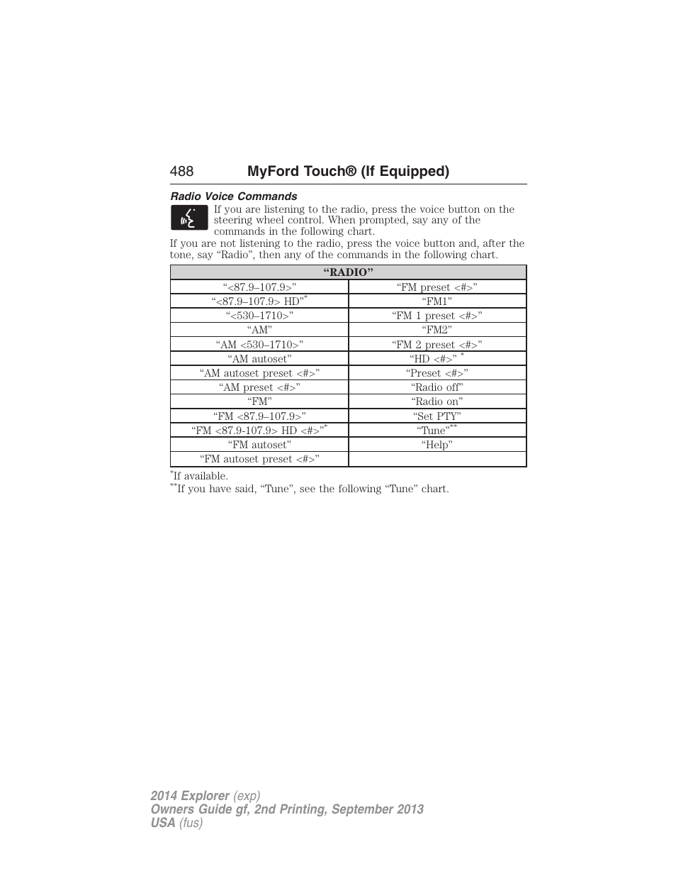 Radio voice commands, 488 myford touch® (if equipped) | FORD 2014 Explorer v.2 User Manual | Page 490 / 593