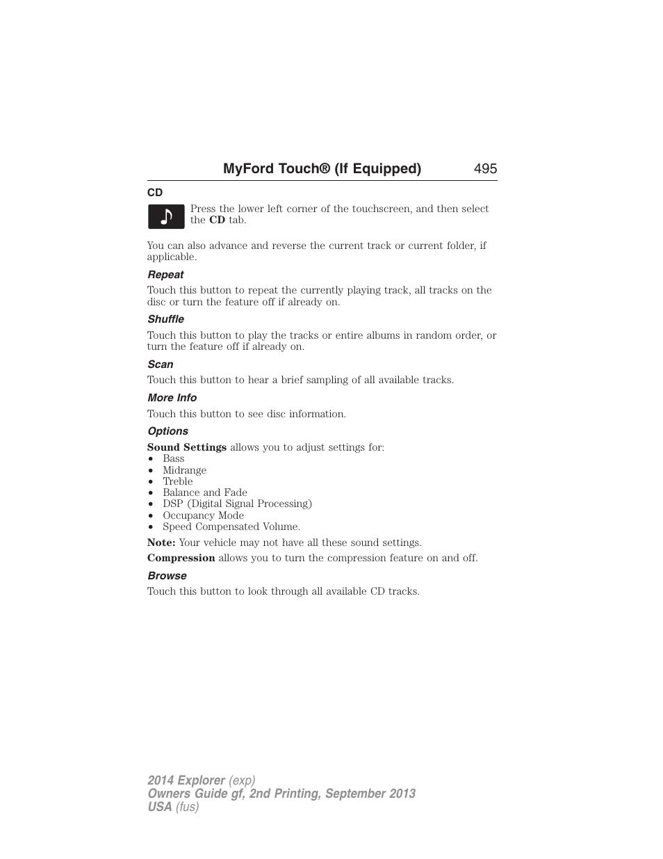 Repeat, Shuffle, Scan | More info, Options, Browse, Myford touch® (if equipped) 495 | FORD 2014 Explorer v.2 User Manual | Page 497 / 593