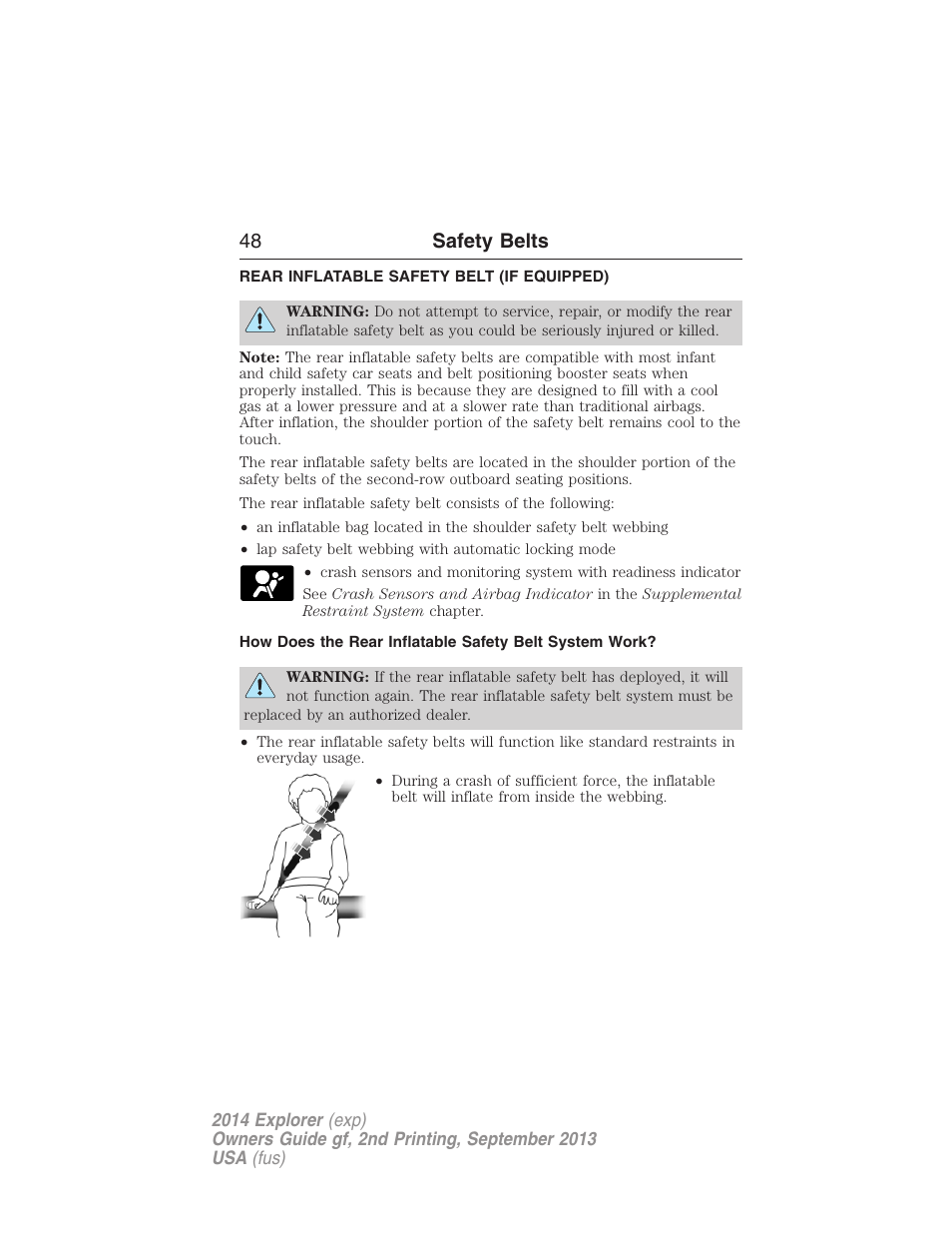 Rear inflatable safety belt (if equipped), Rear inflatable safety belt, 48 safety belts | FORD 2014 Explorer v.2 User Manual | Page 50 / 593