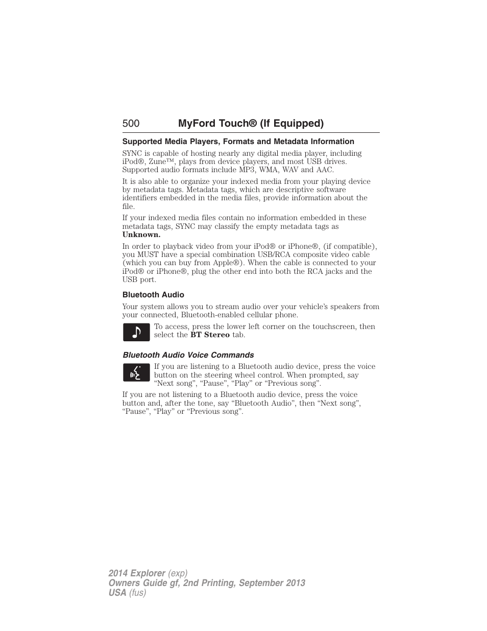 Bluetooth audio, Bluetooth audio voice commands, 500 myford touch® (if equipped) | FORD 2014 Explorer v.2 User Manual | Page 502 / 593