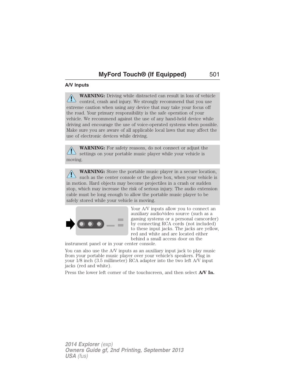 A/v inputs, Myford touch® (if equipped) 501 | FORD 2014 Explorer v.2 User Manual | Page 503 / 593