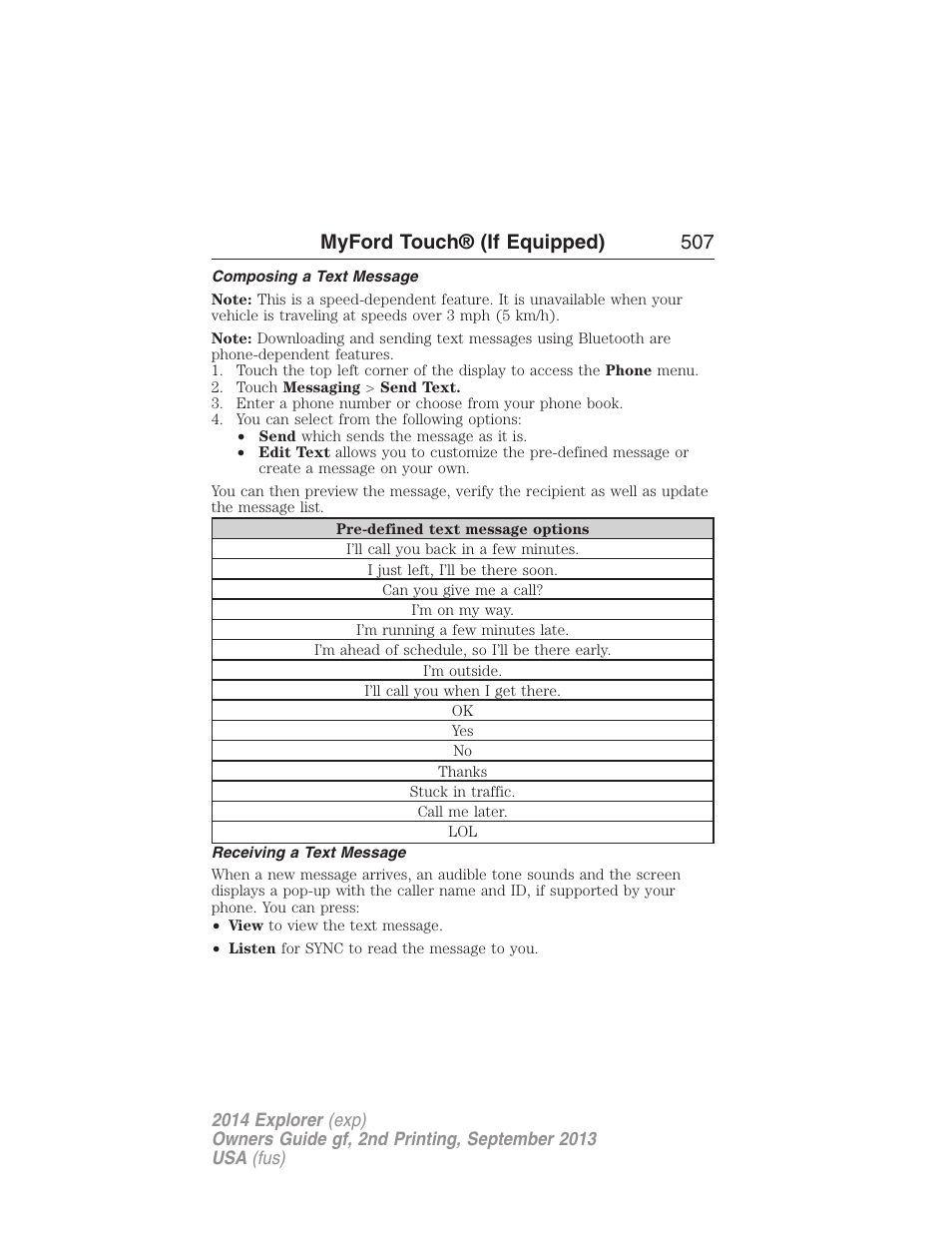 Composing a text message, Receiving a text message, Myford touch® (if equipped) 507 | FORD 2014 Explorer v.2 User Manual | Page 509 / 593