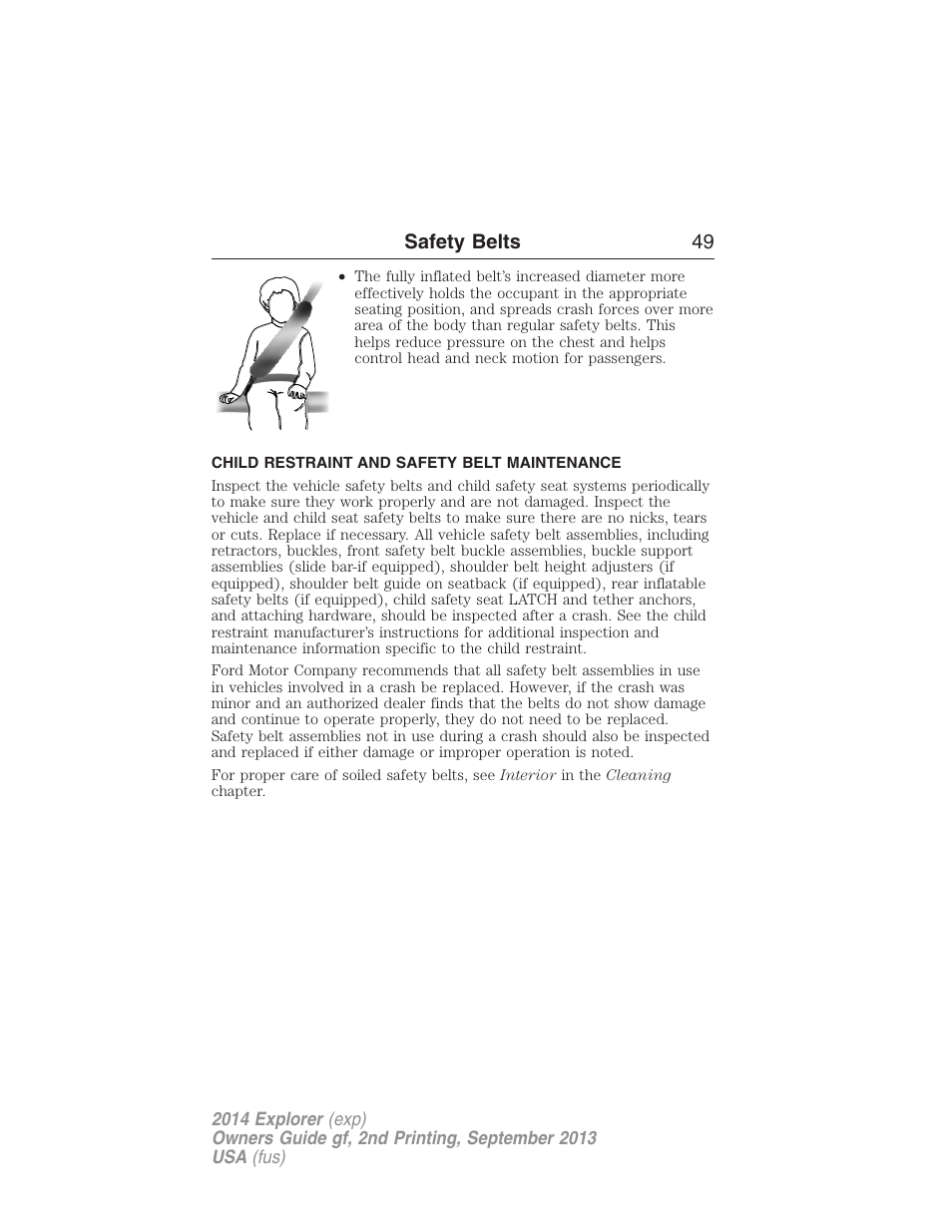 Child restraint and safety belt maintenance, Safety belts 49 | FORD 2014 Explorer v.2 User Manual | Page 51 / 593