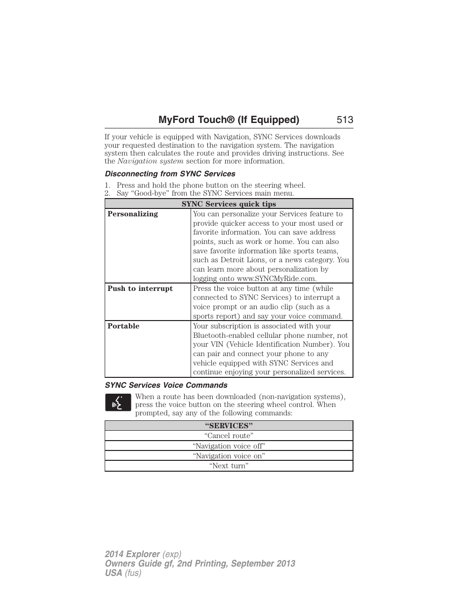 Disconnecting from sync services, Sync services voice commands, Myford touch® (if equipped) 513 | FORD 2014 Explorer v.2 User Manual | Page 515 / 593