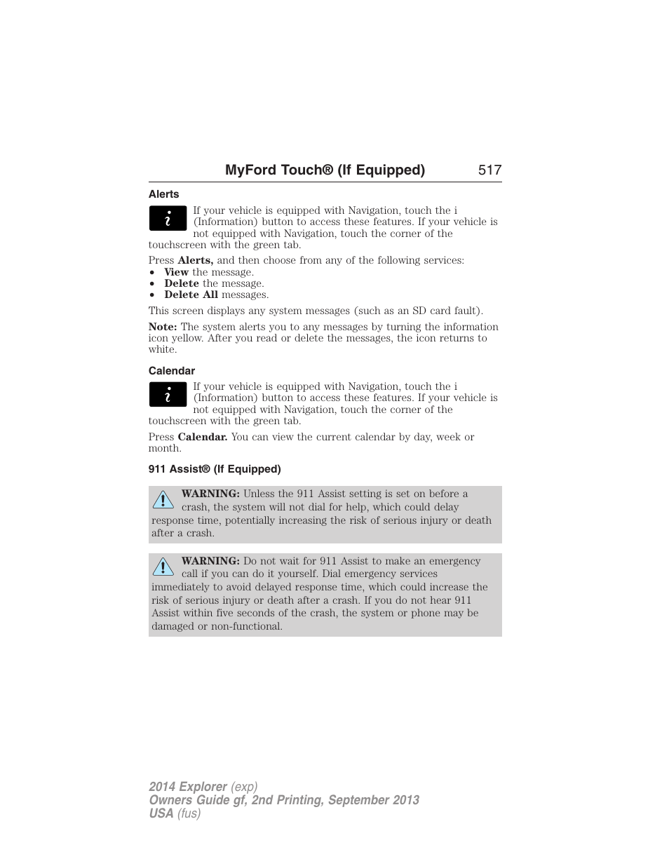 Alerts, Calendar, 911 assist® (if equipped) | Myford touch® (if equipped) 517 | FORD 2014 Explorer v.2 User Manual | Page 519 / 593