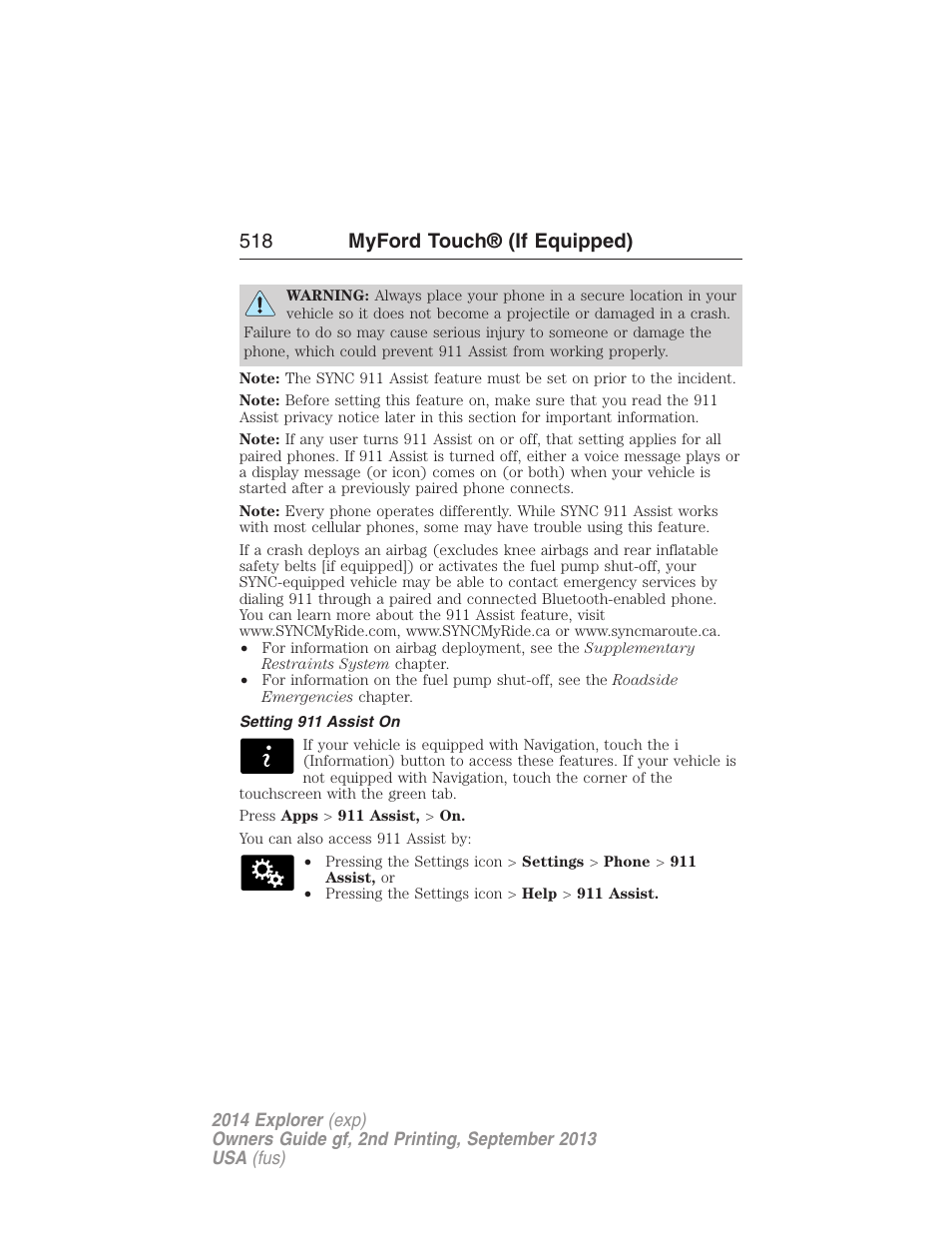 Setting 911 assist on, 518 myford touch® (if equipped) | FORD 2014 Explorer v.2 User Manual | Page 520 / 593