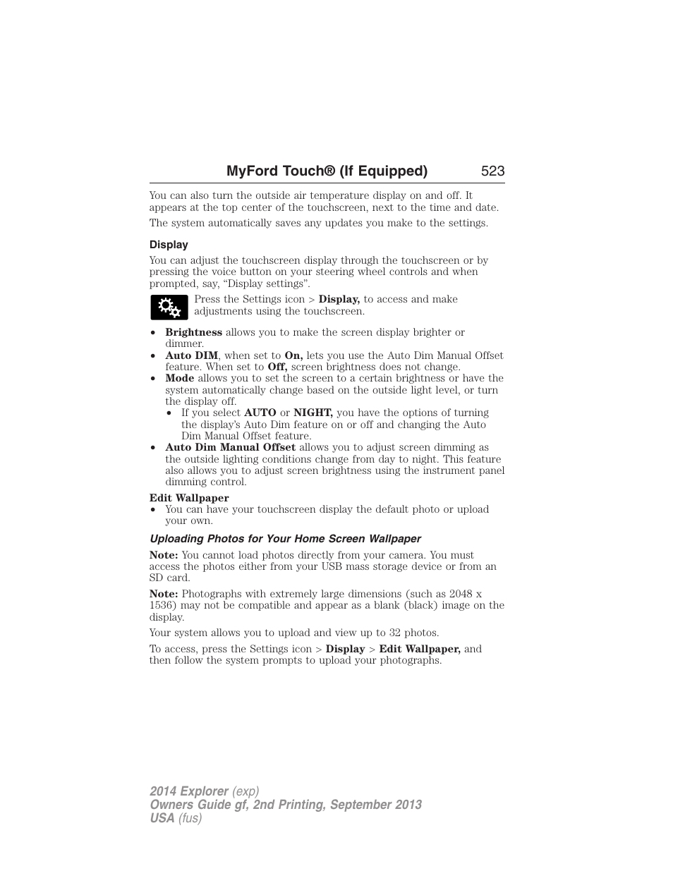 Display, Uploading photos for your home screen wallpaper, Myford touch® (if equipped) 523 | FORD 2014 Explorer v.2 User Manual | Page 525 / 593