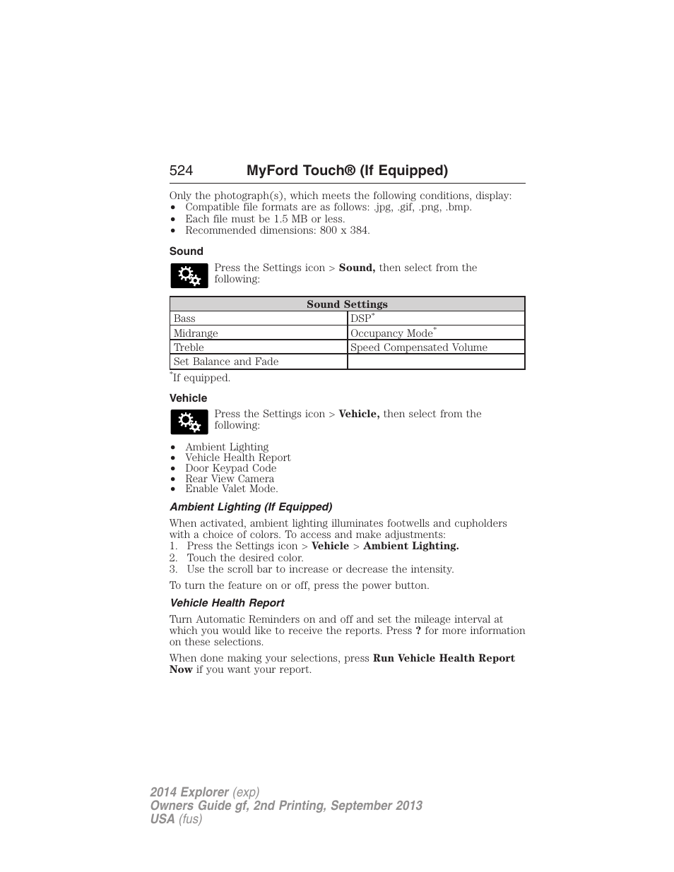 Sound, Vehicle, Ambient lighting (if equipped) | Vehicle health report, 524 myford touch® (if equipped) | FORD 2014 Explorer v.2 User Manual | Page 526 / 593