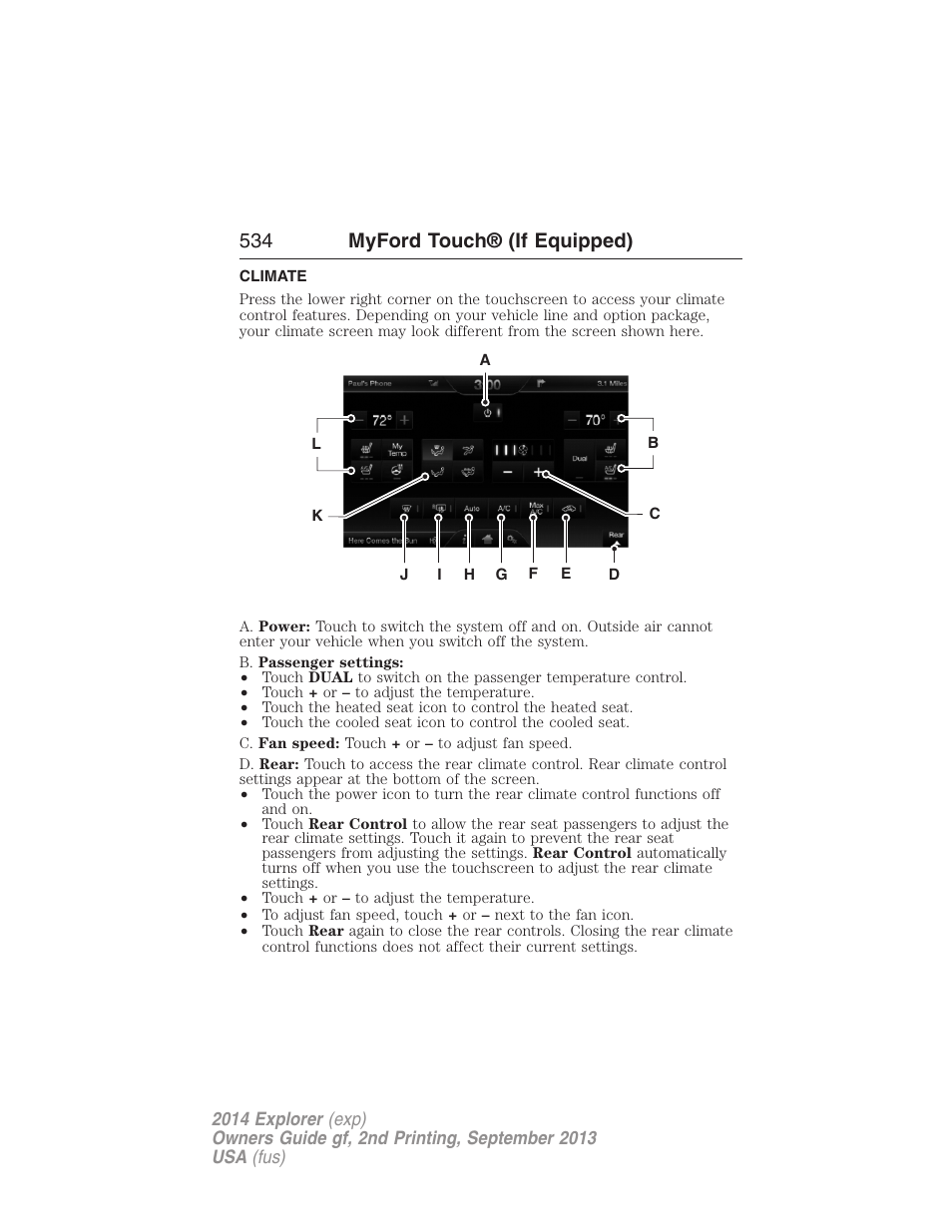 Climate, Climate features, 534 myford touch® (if equipped) | FORD 2014 Explorer v.2 User Manual | Page 536 / 593