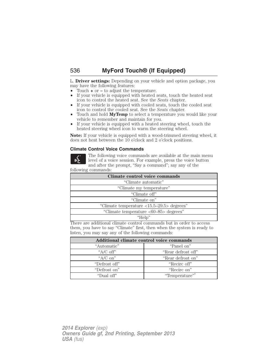 Climate control voice commands, 536 myford touch® (if equipped) | FORD 2014 Explorer v.2 User Manual | Page 538 / 593