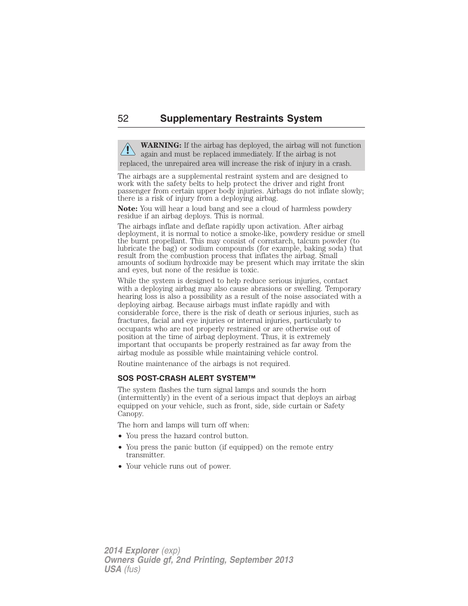 Sos post-crash alert system, 52 supplementary restraints system | FORD 2014 Explorer v.2 User Manual | Page 54 / 593