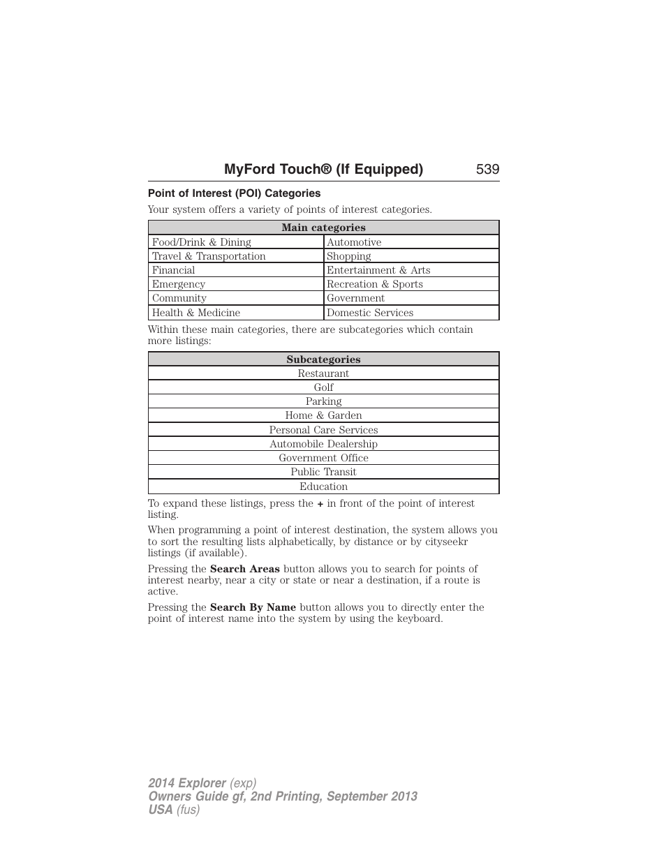 Point of interest (poi) categories, Myford touch® (if equipped) 539 | FORD 2014 Explorer v.2 User Manual | Page 541 / 593