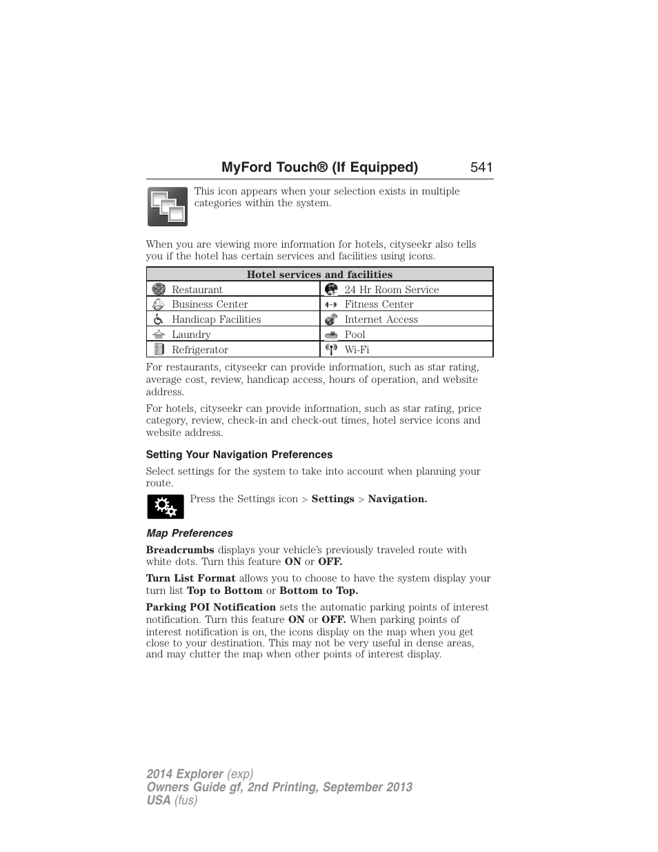 Setting your navigation preferences, Map preferences, Myford touch® (if equipped) 541 | FORD 2014 Explorer v.2 User Manual | Page 543 / 593