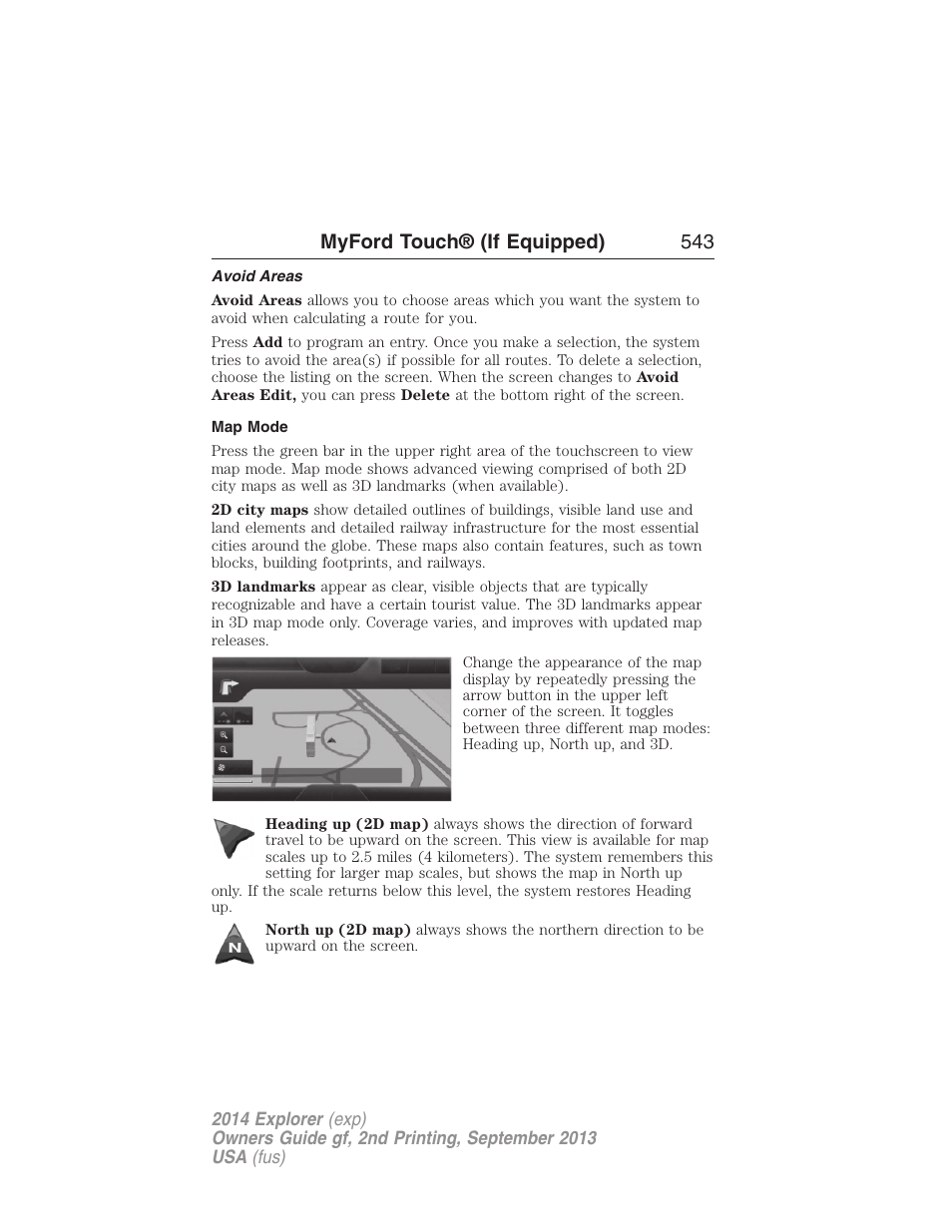 Avoid areas, Map mode, Myford touch® (if equipped) 543 | FORD 2014 Explorer v.2 User Manual | Page 545 / 593