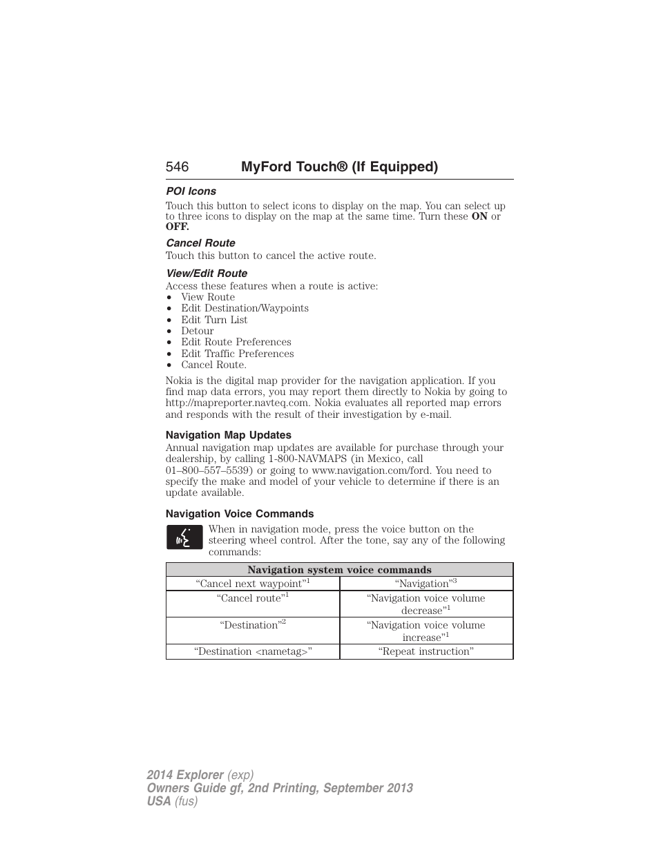 Poi icons, Cancel route, View/edit route | Navigation map updates, Navigation voice commands, 546 myford touch® (if equipped) | FORD 2014 Explorer v.2 User Manual | Page 548 / 593