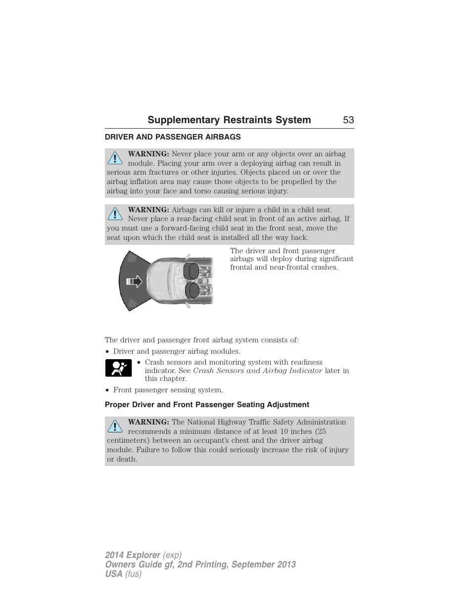 Driver and passenger airbags, Supplementary restraints system 53 | FORD 2014 Explorer v.2 User Manual | Page 55 / 593