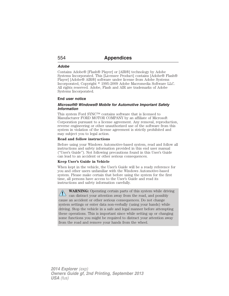 Adobe, End user notice, 554 appendices | FORD 2014 Explorer v.2 User Manual | Page 556 / 593