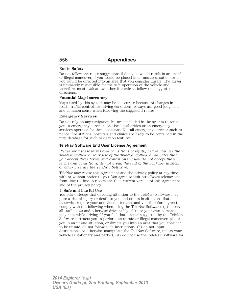 Telenav software end user license agreement, 556 appendices | FORD 2014 Explorer v.2 User Manual | Page 558 / 593