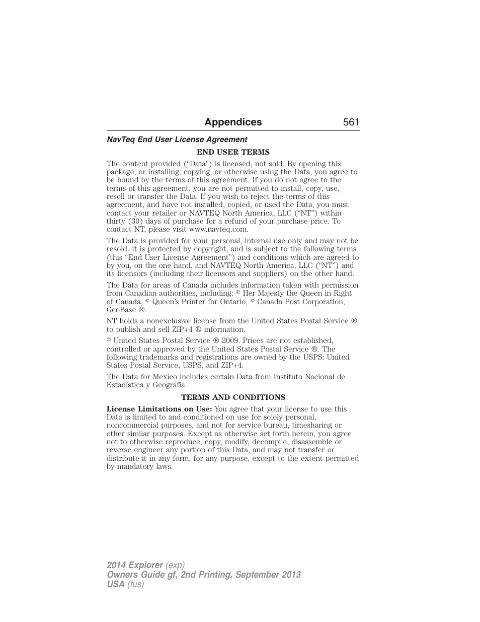 Navteq end user license agreement, Appendices 561 | FORD 2014 Explorer v.2 User Manual | Page 563 / 593