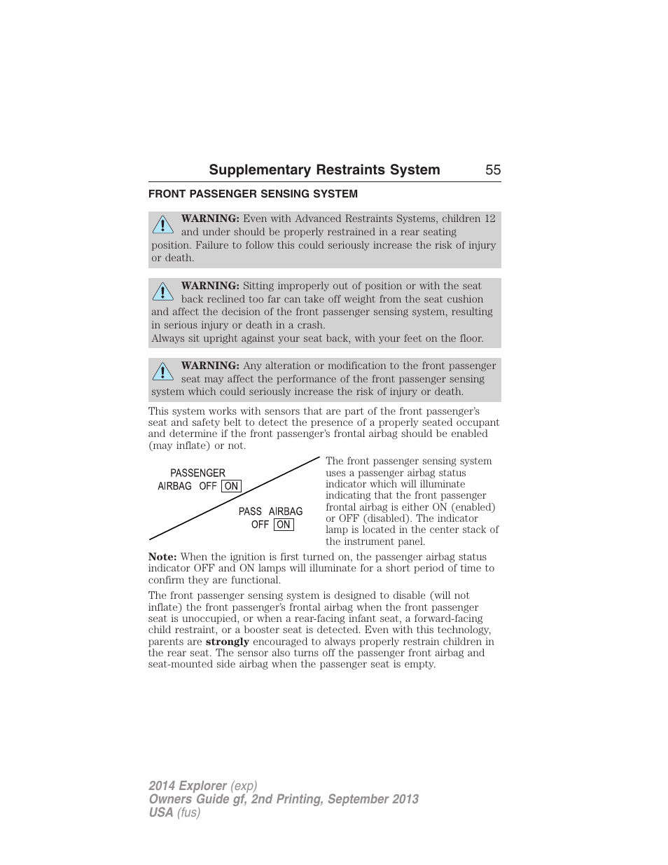 Front passenger sensing system, Supplementary restraints system 55 | FORD 2014 Explorer v.2 User Manual | Page 57 / 593