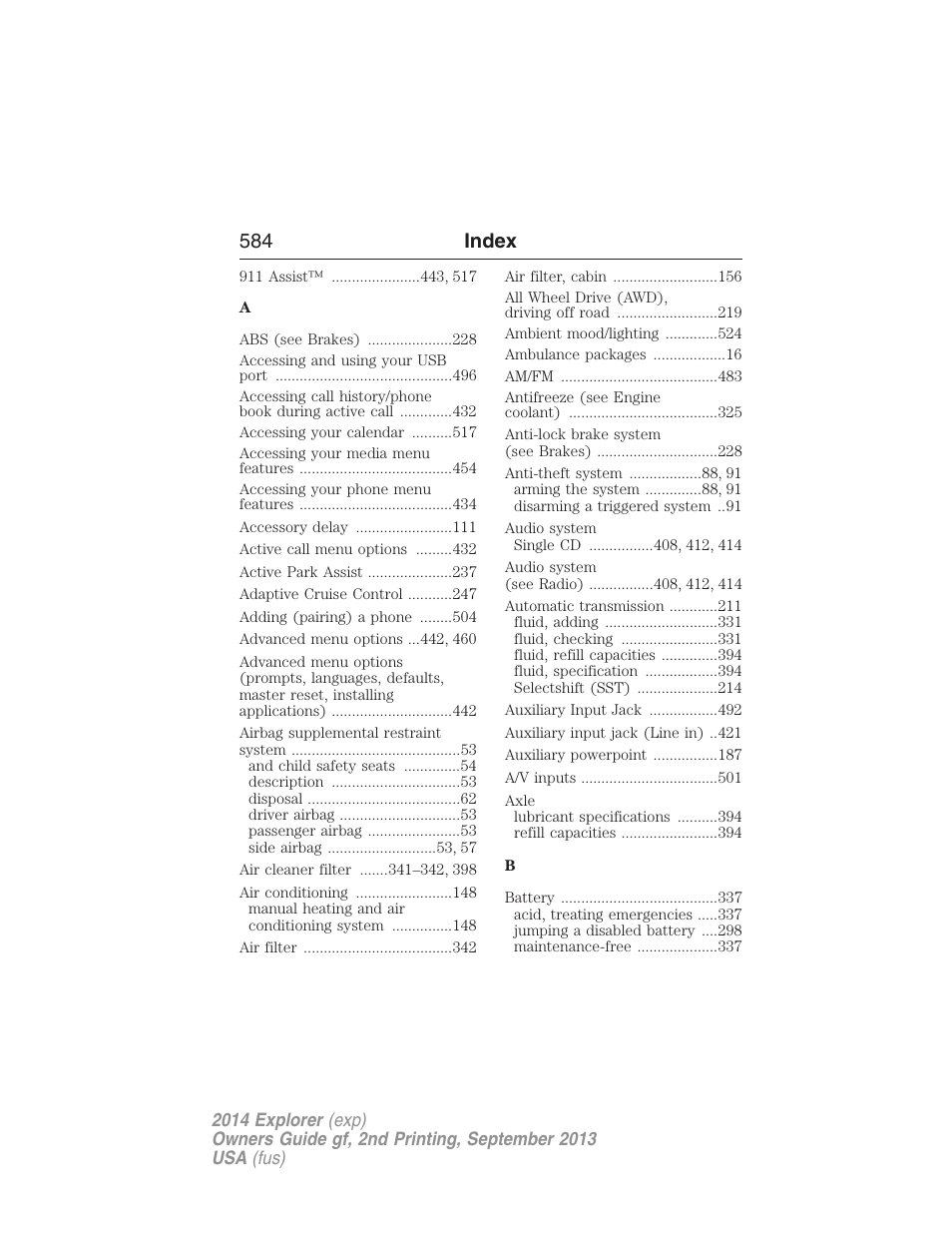 Index, 584 index | FORD 2014 Explorer v.2 User Manual | Page 586 / 593