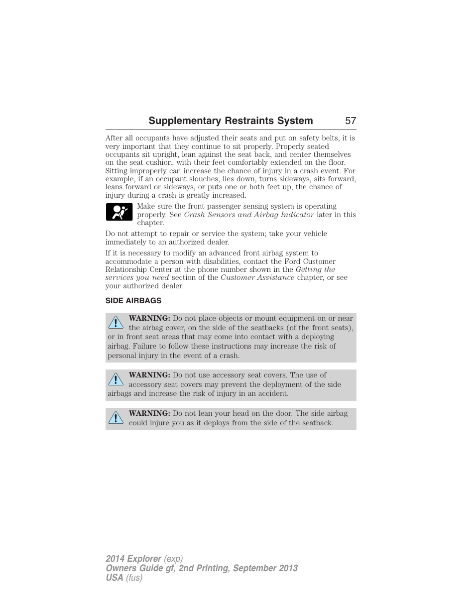 Side airbags, Supplementary restraints system 57 | FORD 2014 Explorer v.2 User Manual | Page 59 / 593