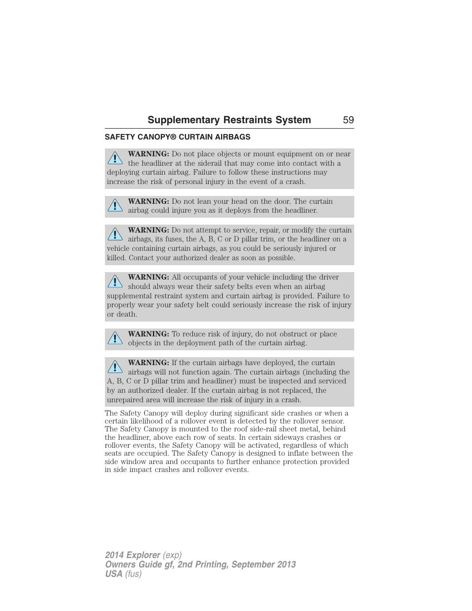 Safety canopy® curtain airbags, Safety canopy curtain airbags, Supplementary restraints system 59 | FORD 2014 Explorer v.2 User Manual | Page 61 / 593