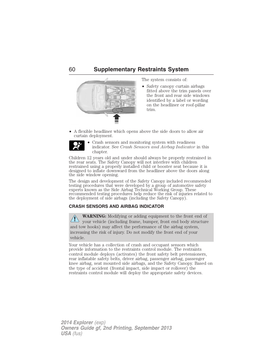 Crash sensors and airbag indicator, 60 supplementary restraints system | FORD 2014 Explorer v.2 User Manual | Page 62 / 593