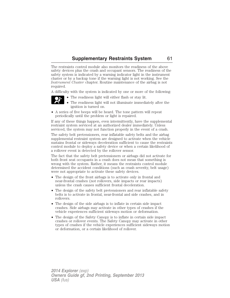 Supplementary restraints system 61 | FORD 2014 Explorer v.2 User Manual | Page 63 / 593