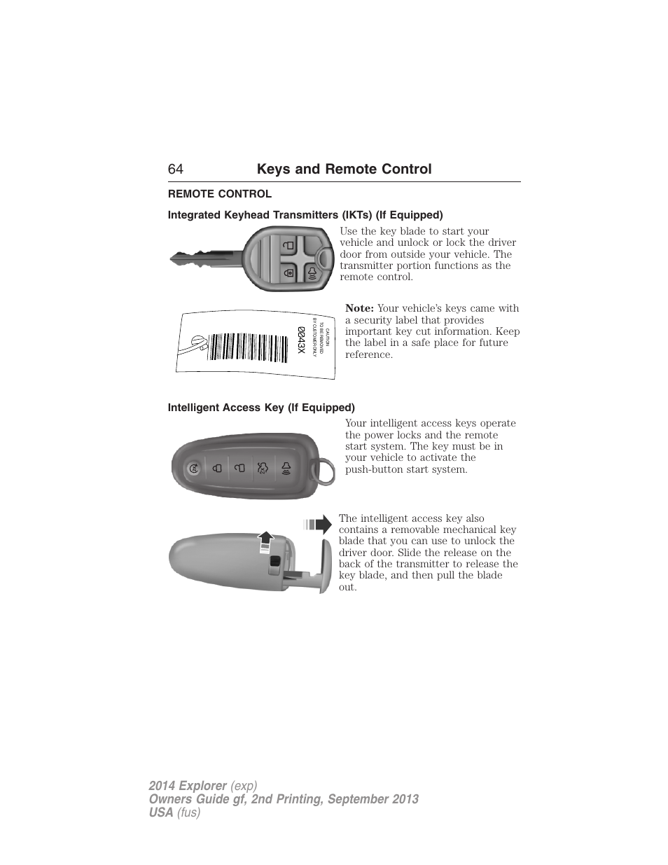 Remote control, Intelligent access key (if equipped), Keys | 64 keys and remote control | FORD 2014 Explorer v.2 User Manual | Page 66 / 593