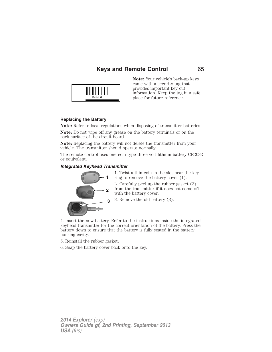 Replacing the battery, Integrated keyhead transmitter, Keys and remote control 65 | FORD 2014 Explorer v.2 User Manual | Page 67 / 593