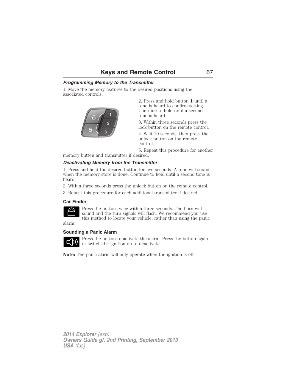 Programming memory to the transmitter, Deactivating memory from the transmitter, Car finder | Sounding a panic alarm, Keys and remote control 67 | FORD 2014 Explorer v.2 User Manual | Page 69 / 593