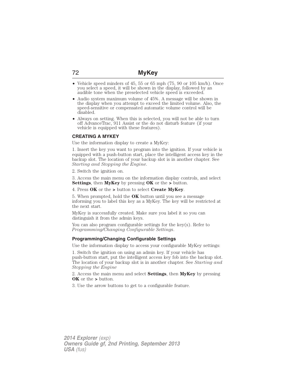 Creating a mykey, Programming/changing configurable settings, Creating | 72 mykey | FORD 2014 Explorer v.2 User Manual | Page 74 / 593