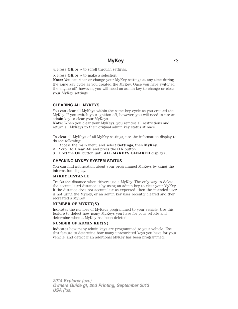 Clearing all mykeys, Checking mykey system status, Clearing | System status, Mykey 73 | FORD 2014 Explorer v.2 User Manual | Page 75 / 593